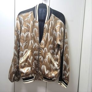 Sandro Reversible Varsity Jacket - Sky Blue and Golden Leaf Pattern.